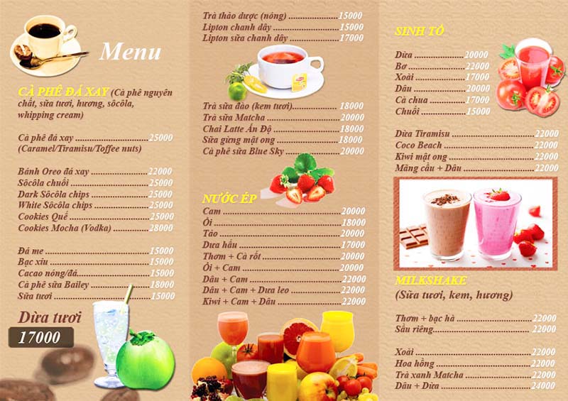 menu cac loai do uong