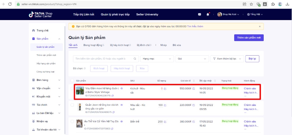 Quản l&yacute; sản phẩm tr&ecirc;n Tiktok Shop với phần mềm 24h7 